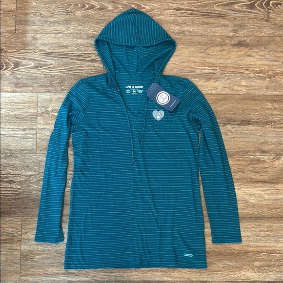 Life is Good Womens M Teal Long Paw Print Sleeve Striped Hooded Crusher Lite Tee - Picture 1 of 10